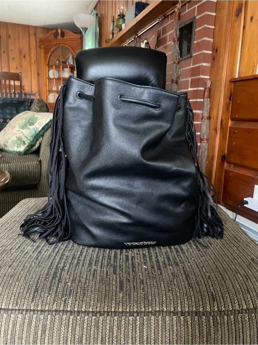 Victoria's Secret Black Fringe Drawstring Backpack